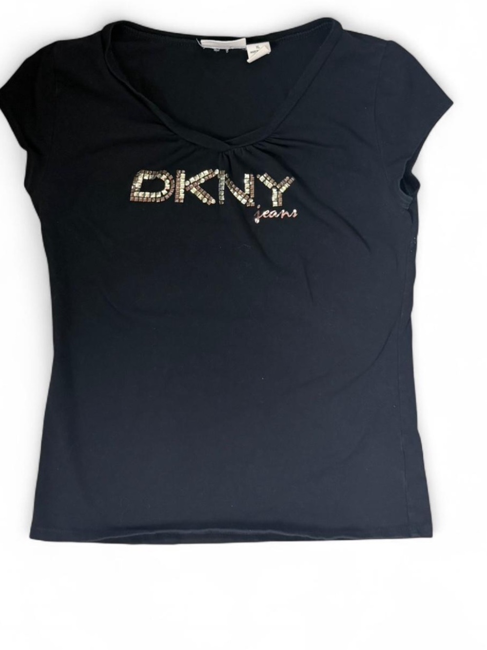 DKNY Jeans Rhinestone Logo Baby Tee Black Short Sleeve Top XL Y2K